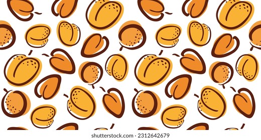 Apricot fruit seamless pattern. Color illustration on white background. Hand drawn different apricots for package, textile or menu design. Vector summer fruit illustration. 