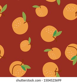 Apricot fruit seamless pattern on brown background. Flat cartoon style vector illustration.