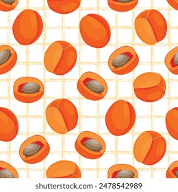 Apricot fruit seamless pattern on white background with pink checkered.Ripe orange-yellow apricot whole and cut with pit.Vector design for printing on fabric and paper.Food illustration in flat style.