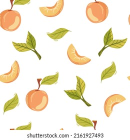 Apricot fruit seamless pattern. Rise garden plant whole and half piece with stem and kernel. Juicy natural healthy fruit. Perfect for wallpaper, fabric, interior decor. Vector cartoon illustration