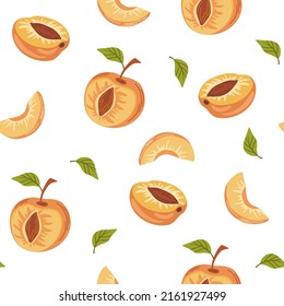 Apricot fruit seamless pattern. Rise garden plant whole and half piece with stem and kernel. Juicy natural healthy fruit. Perfect for wallpaper, fabric, interior decor. Vector cartoon illustration