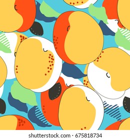 Apricot fruits seamless pattern. Fresh apricots, leaves and stones background. Trendy freehand drawing illustration