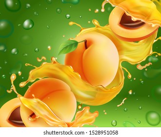Apricot fruits in spiral juice splash realistic illustration on green background.