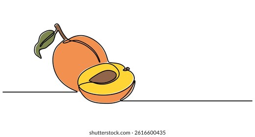 apricot halves continuous one line drawing, drawn by a solid dark line an apricot and a half of an apricot on a background of abstract orange and brown spots on a white background, Apricot pro vector.