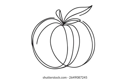 apricot halves continuous one line drawing, drawn by a solid dark line an apricot and a half of an apricot on a background of abstract orange and brown spots on a white background, Apricot pro vector.