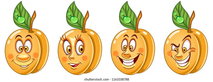 Apricot. Healthy Food concept. Emoji Emoticon collection. Cartoon characters for kids coloring book, colouring pages, t-shirt print, icon, logo, label, patch, sticker.