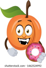 Apricot holding donut, illustration, vector on white background.