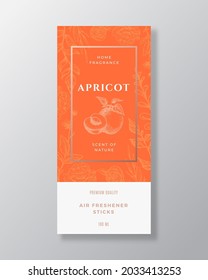 Apricot Home Fragrance Abstract Vector Label Template. Hand Drawn Sketch Flowers, Leaves Background and Retro Typography. Premium Room Perfume Packaging Design Layout. Realistic Mockup. Isolated.