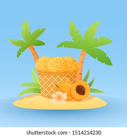 Apricot ice cream fruit in waffle cones.Concept of banner with tropical island and palm trees.Realistic illustration vector.