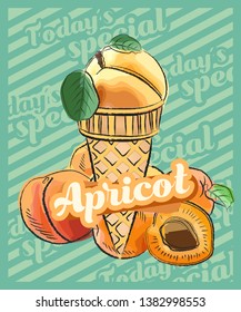 Apricot ice cream scoop in cone. Vector sketch illustration. Fruit ice cream idea, concept
