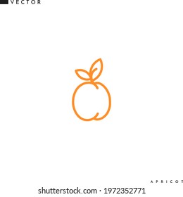 Apricot icon. Line art. Isolated apricot with leaves on white background. Fresh fruit