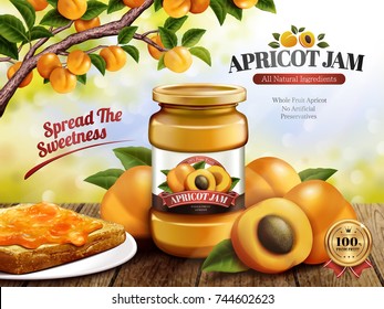 Apricot Jam ads, delicious fruit jam with fresh apricots beside it and spread Jam to the toast, 3d illustration in orchard