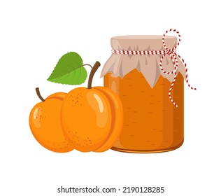 Apricot jam or confiture jar in rustic style, homemade fruit berry preserve, vector illustration on white background