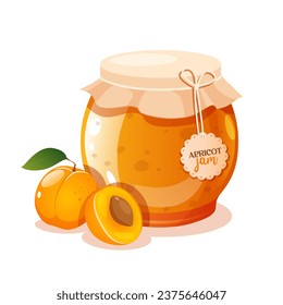 Apricot jam in a glass jar with fresh apricot fruit 