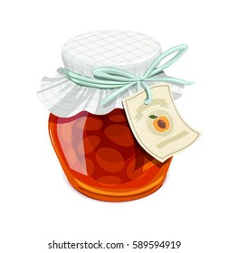 Apricot jam jar. Vintage style. Delicious organic food. Glass capacity for fruit meal with lid. Vector illustration. Isolated white background