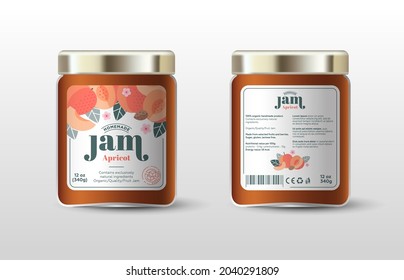 Apricot jam. Label for jar and packaging. Whole and cut fruits, peach seeds, leaves and flowers, text, stamp(sugar free).