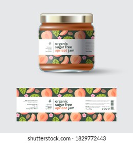 Apricot Jam label and packaging. Jar with cap with label. White strip with text and on seamless pattern with fruits, flowers and leaves.