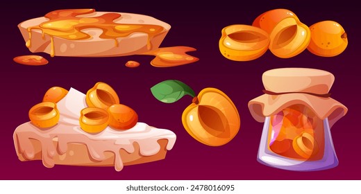 Apricot jam on toast, pie with dairy, glass bottle. Cartoon vector set of spread orange color jelly marmalade on bread, fruit preserve in jar with fabric cap cover, sweet dessert, whole and half berry