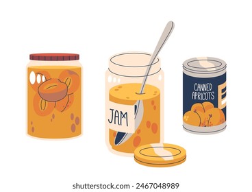 Apricot Jam, Preserved And Canned Apricots, Highlighting Different Forms Of Fruits Preservation Isolated On White