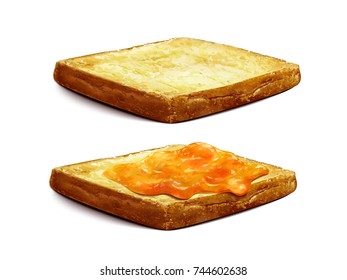 Apricot Jam spread on toast, close up look at jelly jam isolated on white background in 3D illustration