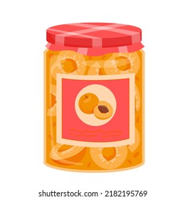 Apricot jam vector illustration. Cartoon isolated glass jar with lid and paper label, pieces of fruit in sugar syrup, delicious food product of grocery store for breakfast, preserve in packaging