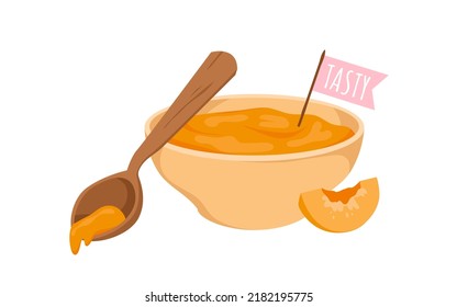 Apricot Marmelade, Vektorgrafik. Cartoon einzeln Glasschüssel mit süßer goldener Marmelade aus sommerlicher Frucht und Holzlöffel, köstliches Frühstück Geleelly-Essen, Pfirsichvitamin-Dessert mit leckerer Flagge