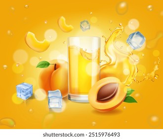 Publicidade de suco de damasco. Suco amarelo salpicos e fatias de frutas de damasco com vidro de beber brilhante publicidade fundo