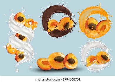 Apricot juice, apricot in chocolate, milk splash. Collection fresh apricot. Sweet dessert. 3D realistic apricot. Vector illustration