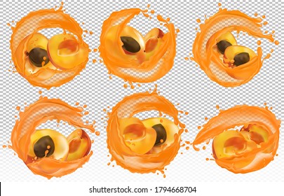 Apricot juice. Collection fresh fruit. Splashing juice on apricot. Sweet cocktail. Apricot are whole and cut in half. 3D realistic apricot. Vector icon