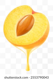 Apricot juice Dripping From Fresh ripe half of apricot, isolated on transparent background. Sweet apricot with fresh juice. Bright summer design. Realistic 3d vector illustration