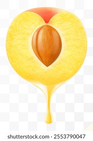 Apricot juice Dripping From Fresh ripe half of apricot, isolated on transparent background. Sweet apricot with fresh juice. Bright summer design. Realistic 3d vector illustration