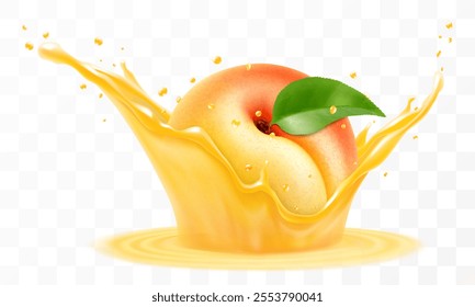 Apricot juice. Fresh ripe apricot falls into a splash of juice, isolated on transparent background. Realistic 3d vector illustration. Summer vitamin food and drink. Apricot smoothie splash