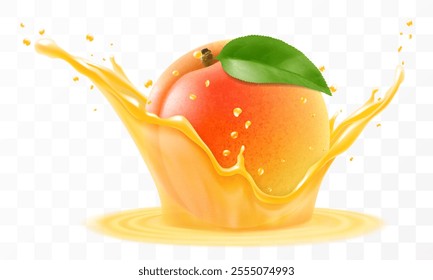 Apricot juice. Fresh ripe apricot falls into a splash of juice, isolated on transparent background. Realistic 3d vector illustration. Summer vitamin food and drink. Apricot smoothie splash