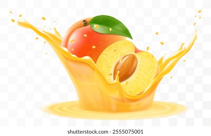 Apricot juice. Fresh ripe apricot falls into a splash of juice, isolated on transparent background. Realistic 3d vector illustration. Summer vitamin food and drink. Apricot smoothie splash