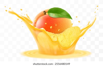 Apricot juice. Fresh ripe apricot falls into a splash of juice, isolated on transparent background. Realistic 3d vector illustration. Summer vitamin food and drink. Apricot smoothie splash