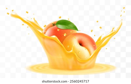 Apricot juice. Fresh ripe apricot falls into a splash of juice, isolated on transparent background. Realistic 3d vector illustration. Summer vitamin food and drink. Apricot smoothie splash