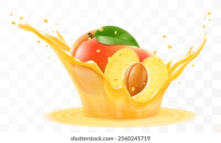 Apricot juice. Fresh ripe apricot falls into a splash of juice, isolated on transparent background. Realistic 3d vector illustration. Summer vitamin food and drink. Apricot smoothie splash