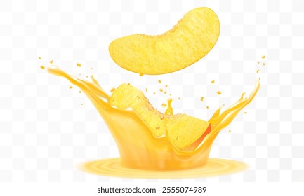 Apricot juice. Fresh ripe apricot slices falls into a splash of juice, isolated on transparent background. Realistic 3d vector illustration. Summer vitamin food and drink. Apricot smoothie splash