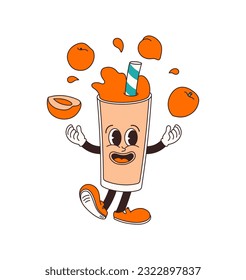 Apricot juice glass character in comic cartoon style on transparent background. Hand drawing of funny mascot of honey drink in retro style. Isolated vector illustration