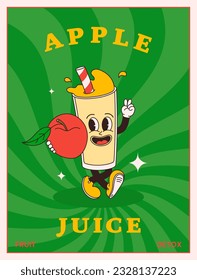 Apricot juice glass character in comic cartoon style on striped sunburst background. Hand drawing of funny mascot smoothie or cider in retro style. Template vector illustration for posters and covers