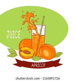 Apricot juice. Glass, spray. Sketch. Menu, poster, postcard.