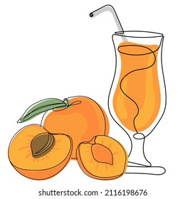 Apricot juice. Trendy vector illustration of fruit and juice in minimalist line art style.