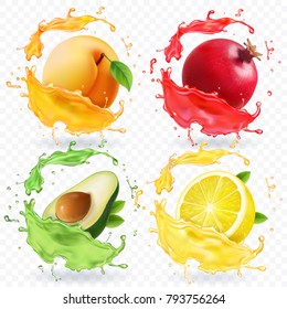 Apricot, lemon, pomegranate, avocado juice. Fruits in realistic splash vector set