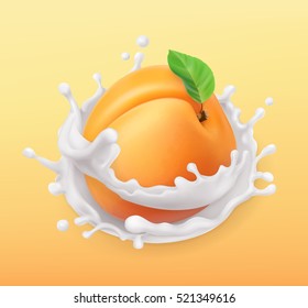 Apricot and milk splash. Fruit and yogurt. Realistic illustration. 3d vector icon