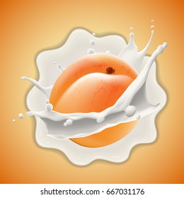 Apricot in milk splash High quality vector realistic illustration