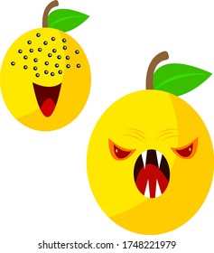 apricot mutant cartoon character with open mouth and sharp fangs and a second cute with many eyes and smile objects on a white background halloween and plant concept