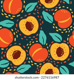 Apricot, nectarine seamless pattern with leaves. Flat fruit seamless pattern. Vector repeat background with apricot slices and leaf for fabric, paper, wallpaper, cover, and interior decoration.