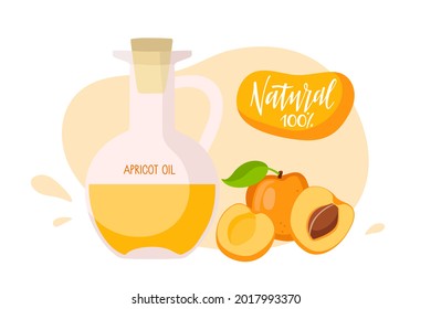 Apricot oil in glass bottles with whole and sliced fruits. Organic health care products. Healthy nutrition product. For cosmetics, spa and massage, for cooking cartoon style isolated on white.