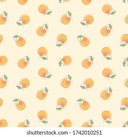 Apricot pattern. Illustration of cute white kittens with apricots on a light yellow background. Vector 8 EPS.
