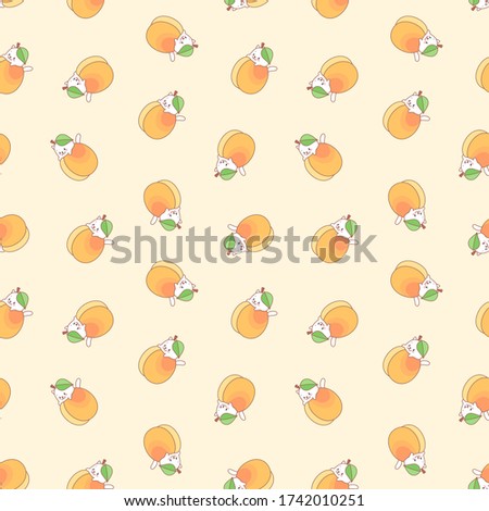 Apricot pattern. Illustration of cute white kittens with apricots on a light yellow background. Vector 8 EPS.
